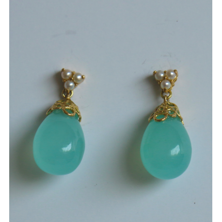 Three Pearl  & Chalcedony Briolette Drop