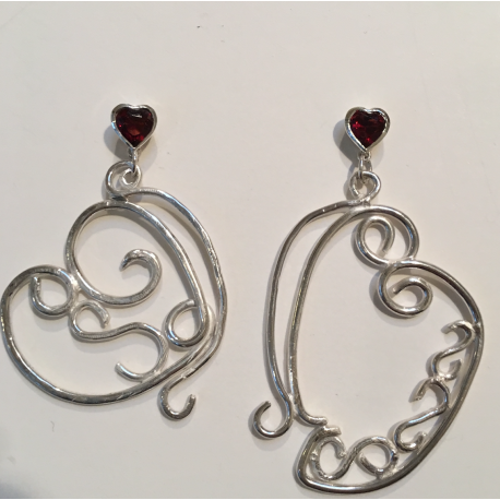 Garnet Heart and Silver Wire Earring